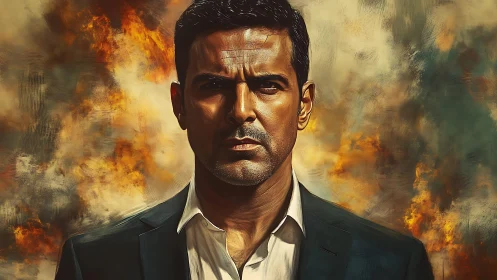 Determined man in suit against dramatic fiery backdrop.