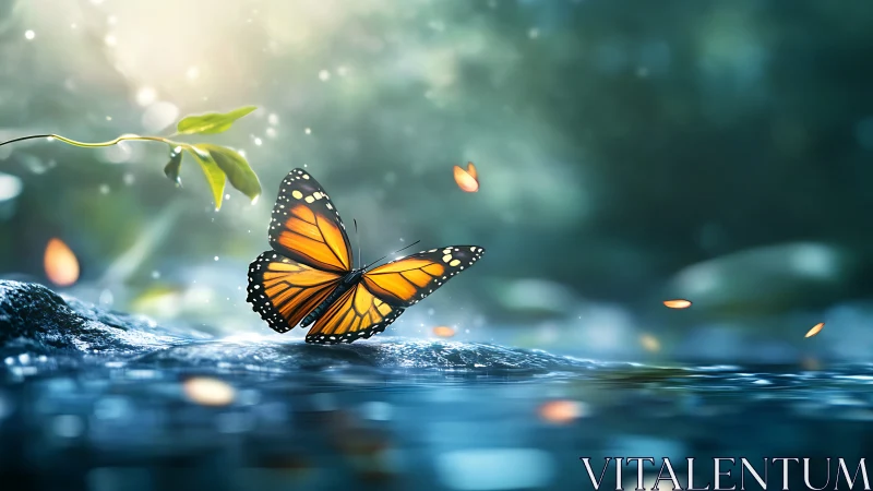 Vibrant monarch butterfly over rippling water in dreamy nature scene.