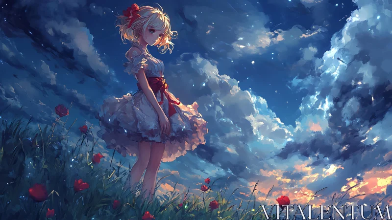 Girl in a twilight meadow beneath a storm-kissed sky.