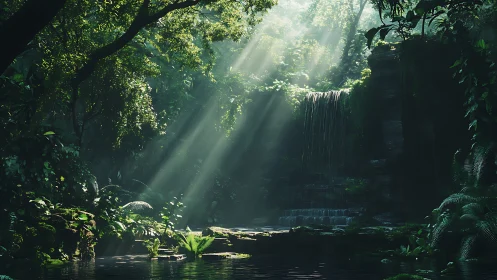 Tropical jungle waterfall with cathedral light rays through canopy.