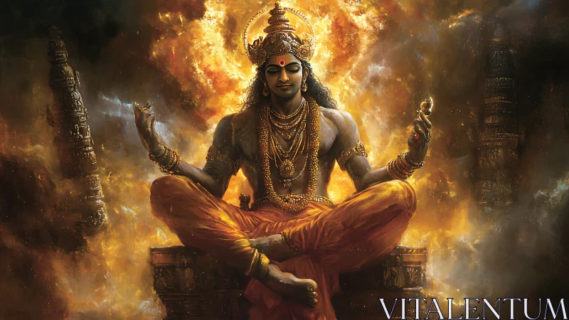 Divine yogi radiates cosmic fire in molten gold aura.