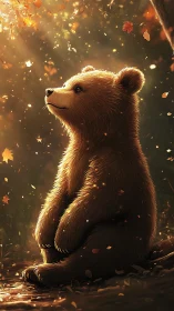 Warm backlit bear cub in autumnal forest vertical study.