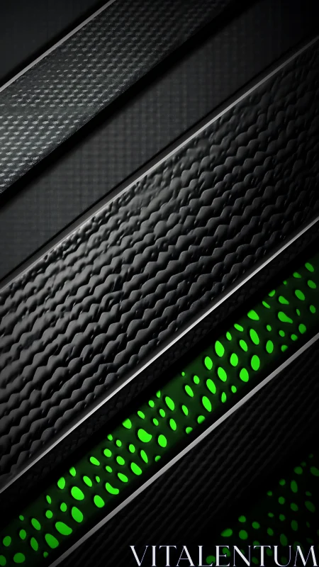 Diagonal black metal strips with green perforated accent.