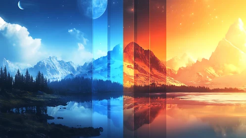 Digital painting diptych of alpine lake across chromatic divide.