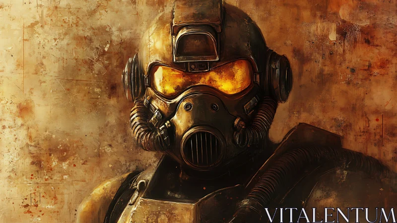 Armored soldier in weathered hazmat helmet stares forward