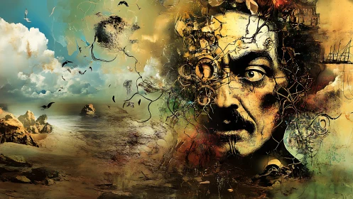 Surreal coastal portrait fused with mechanical dream debris.