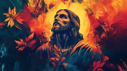 Digital portrait depicts a haloed figure amid abstract foliage