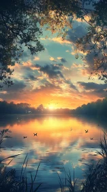 Sunset sky reflects on calm lake surface with flying birds