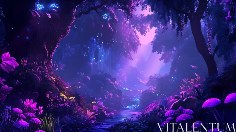 Bioluminescent Forest Valley with Neon Flora and Crystalline Architecture.