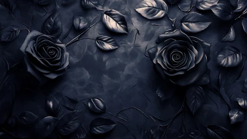Relief sculpture of dark roses with leaves on textured surface