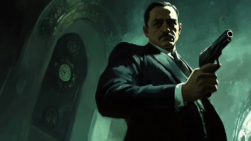 Stoic gentleman with a gun in a moody, suspenseful scene.