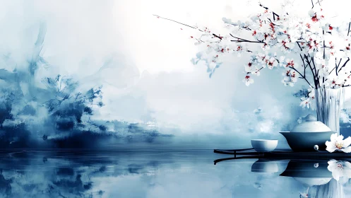 Minimalist porcelain still life balances with ethereal blossoms