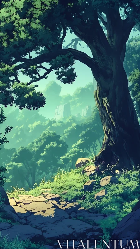 Ancient tree dominates wooded landscape with architectural structures visible in misted distance.