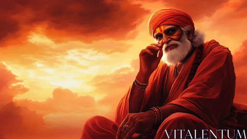 Orange robed sage contemplates under blazing sunset sky