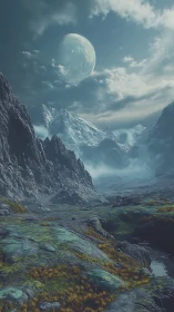 Lunar-illuminated alien valley shows glacial peaks and mossy tundra