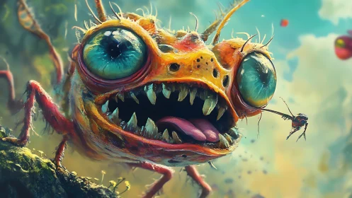 Wide-eyed alien creature lunges playfully through vivid sky