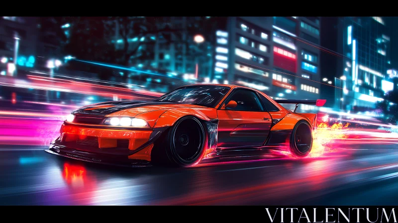Neon-lit drift car accelerates through futuristic city streets