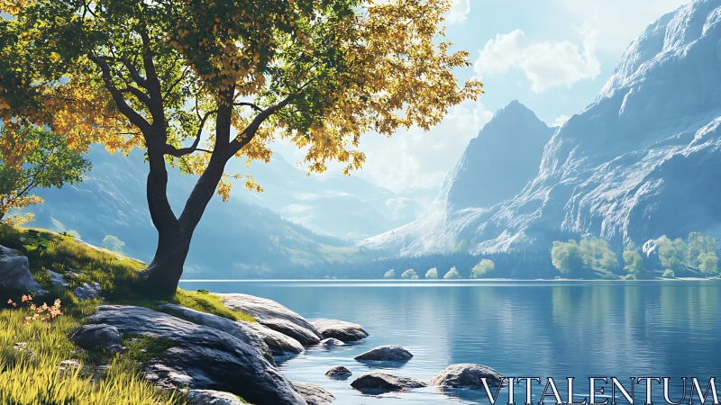 Sunlit lakeside tree with crystalline alpine mountain vista.