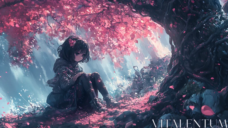 Girl rests under glowing cherry tree in misty forest