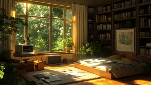 Sunlit bedroom library welcomes quiet reading and rest