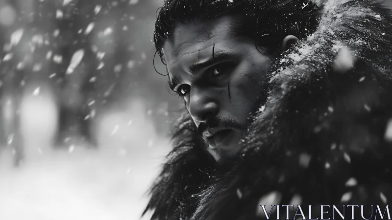 Cinematic monochrome portrait of scarred warrior in dense snowfall