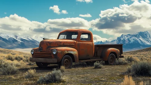 Rusty vintage pickup truck in wide alpine valley landscape.