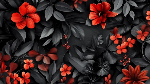 Crimson Blooms Burst Against Charcoal Foliage.