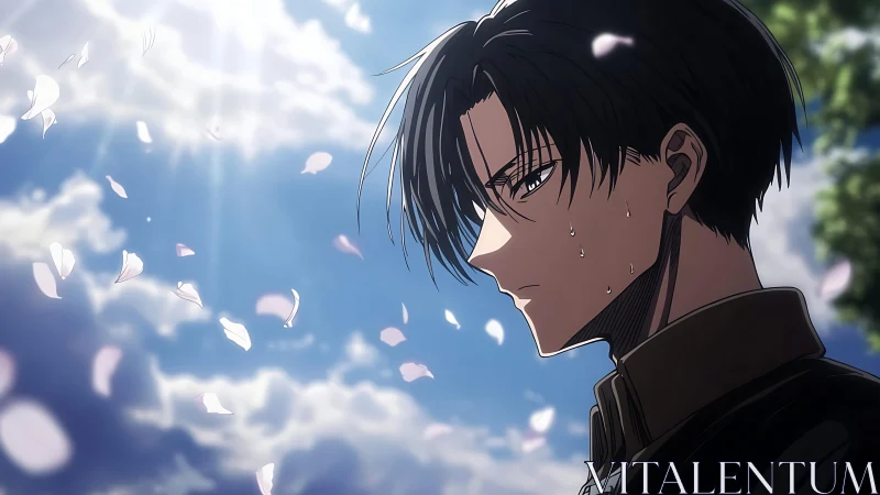 Anime man under bright sky with petals and sweat.