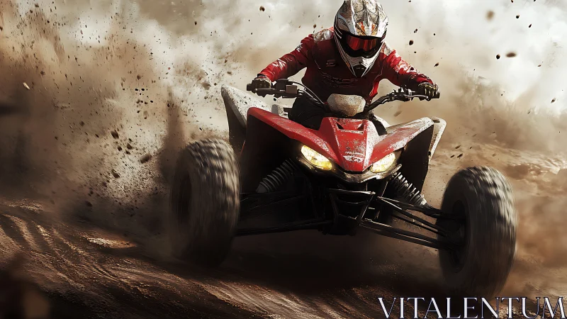 High-speed ATV rider powersliding through dynamic dirt spray