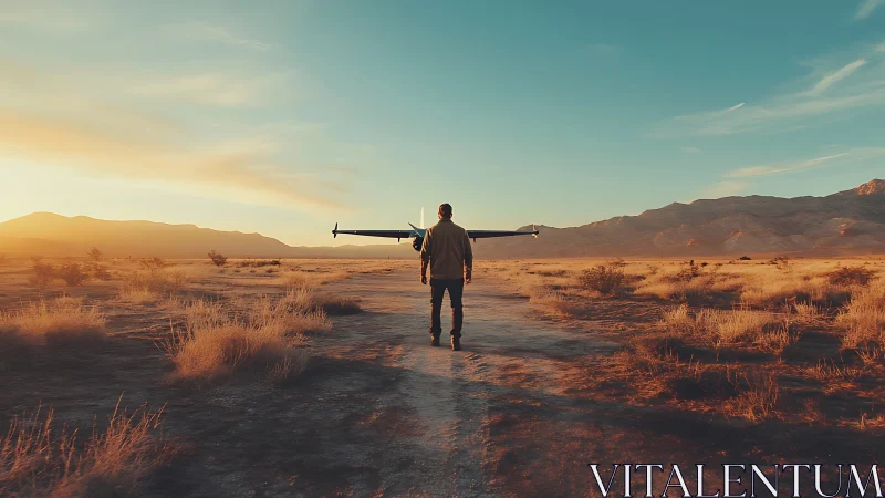 Person carrying small aircraft across dry desert plain at sunset.