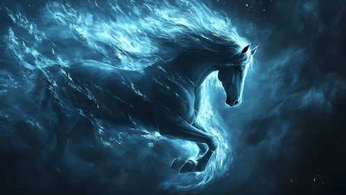 Luminescent spectral horse emerging through turbulent nebular mist