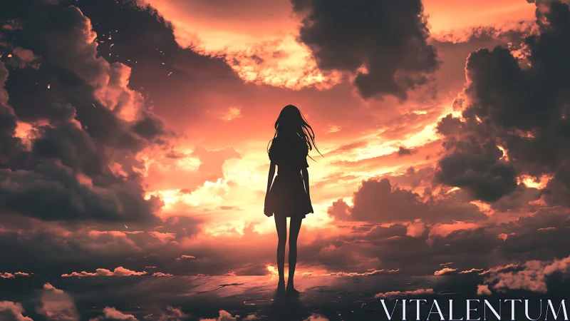 Silhouette girl drinking in a molten ember sunset sky.