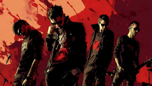 Rock band illustration against abstract red background.