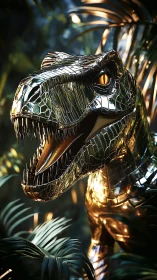 Chrome-plated dinosaur roars amid neon jungle foliage.