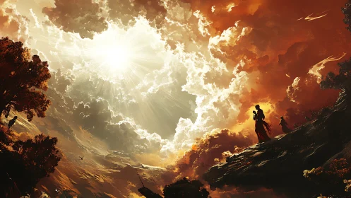 Radiant celestial sky over pilgrims on jagged cliffside.