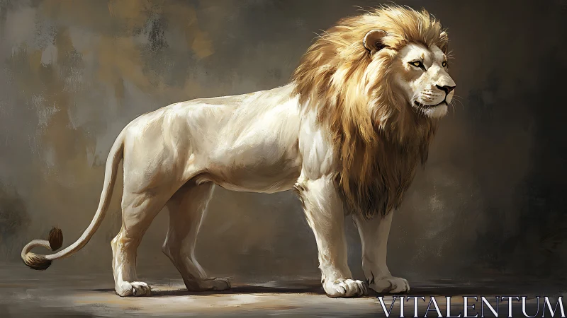 Golden-maned ivory lion pauses mid-stride in painterly dusk
