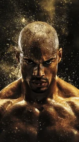 Intense athlete portrait under directional rim lighting and water droplets