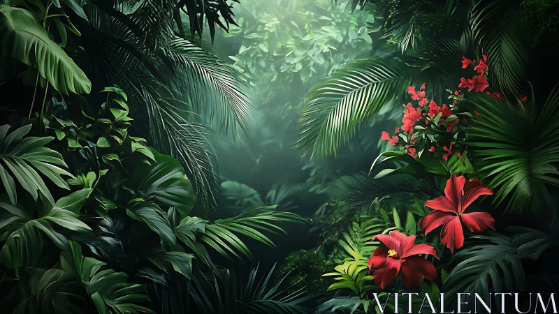 Crimson Blooms Pierce the Verdant Haze.