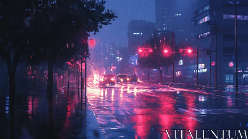 Rain soaked city intersection glows under red traffic lights