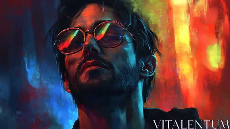 Stylized male portrait with glasses in neon urban lighting.