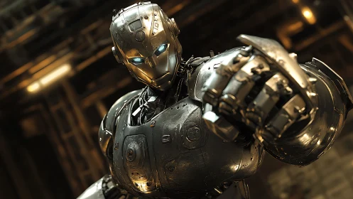 3D metallic combat android in shallow-depth industrial focus.