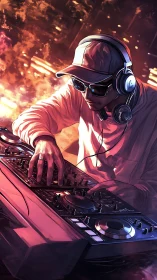 Neon-lit DJ locks into the beat amid blazing club energy