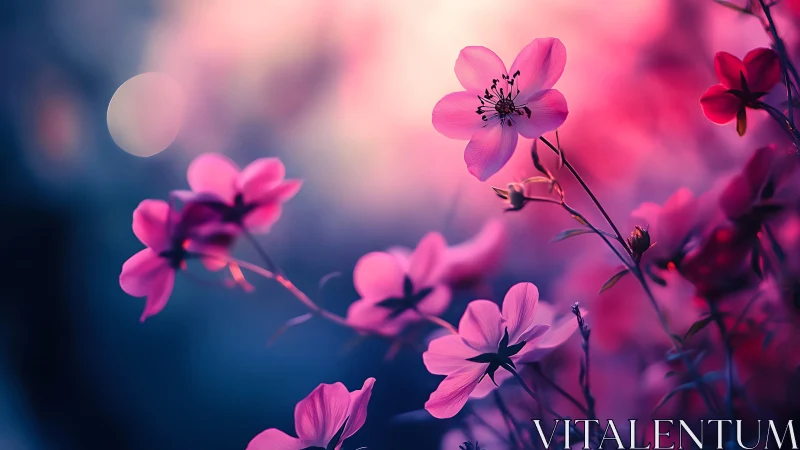 Pink cosmos flowers backlit by blue bokeh background