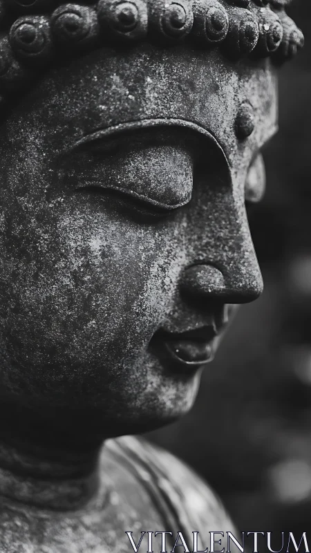 Monochrome close-up of weathered stone Buddha face profile.
