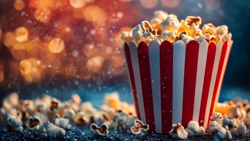 Cinematic popcorn in striped tub under warm bokeh lighting