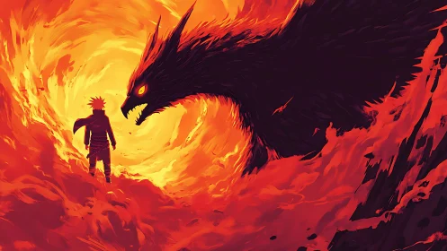 Inferno-bound warrior confronting colossal flame beast.