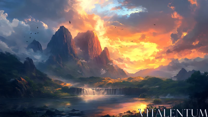 Skyfire sunrise over mystic cliffs and silver veil falls.