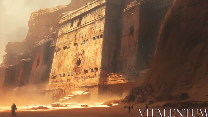 Massive sandstone structure integrates with desert canyon wall