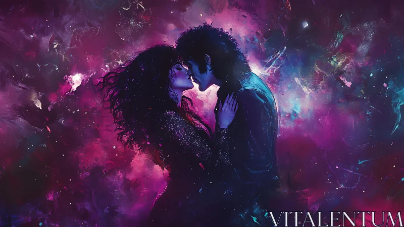 Silhouetted figures against nebula light display