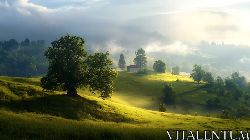 Radiant mist over sunlit valley slopes with dominant tree geometry.
